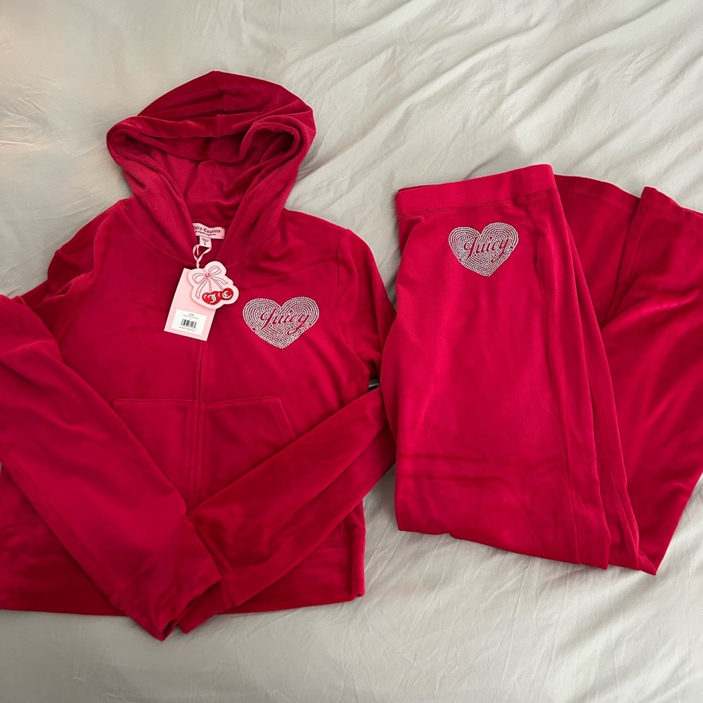 NWT Juicy Couture Red Velour Rhinestone Heart Tracksuit Set size LARGE